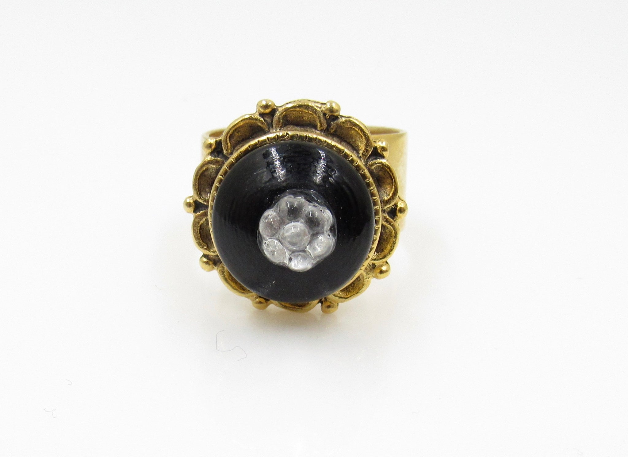 Vintage Black with Glass Flower Button Ring