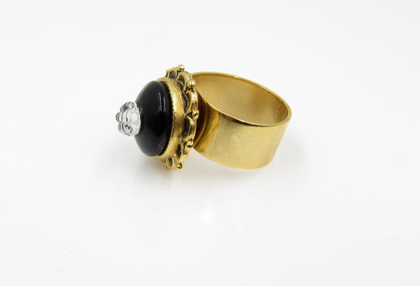 Vintage Black with Glass Flower Button Ring
