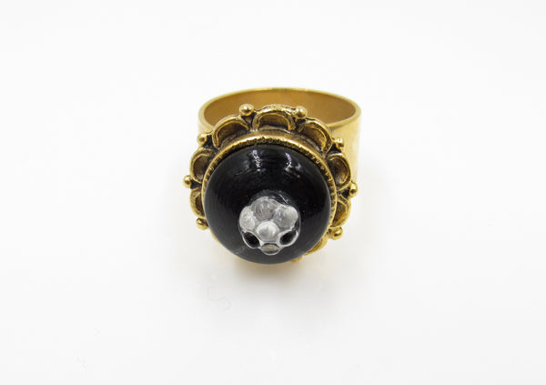 Vintage Black with Glass Flower Button Ring