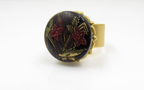 Vintage Red Flower Button Ring