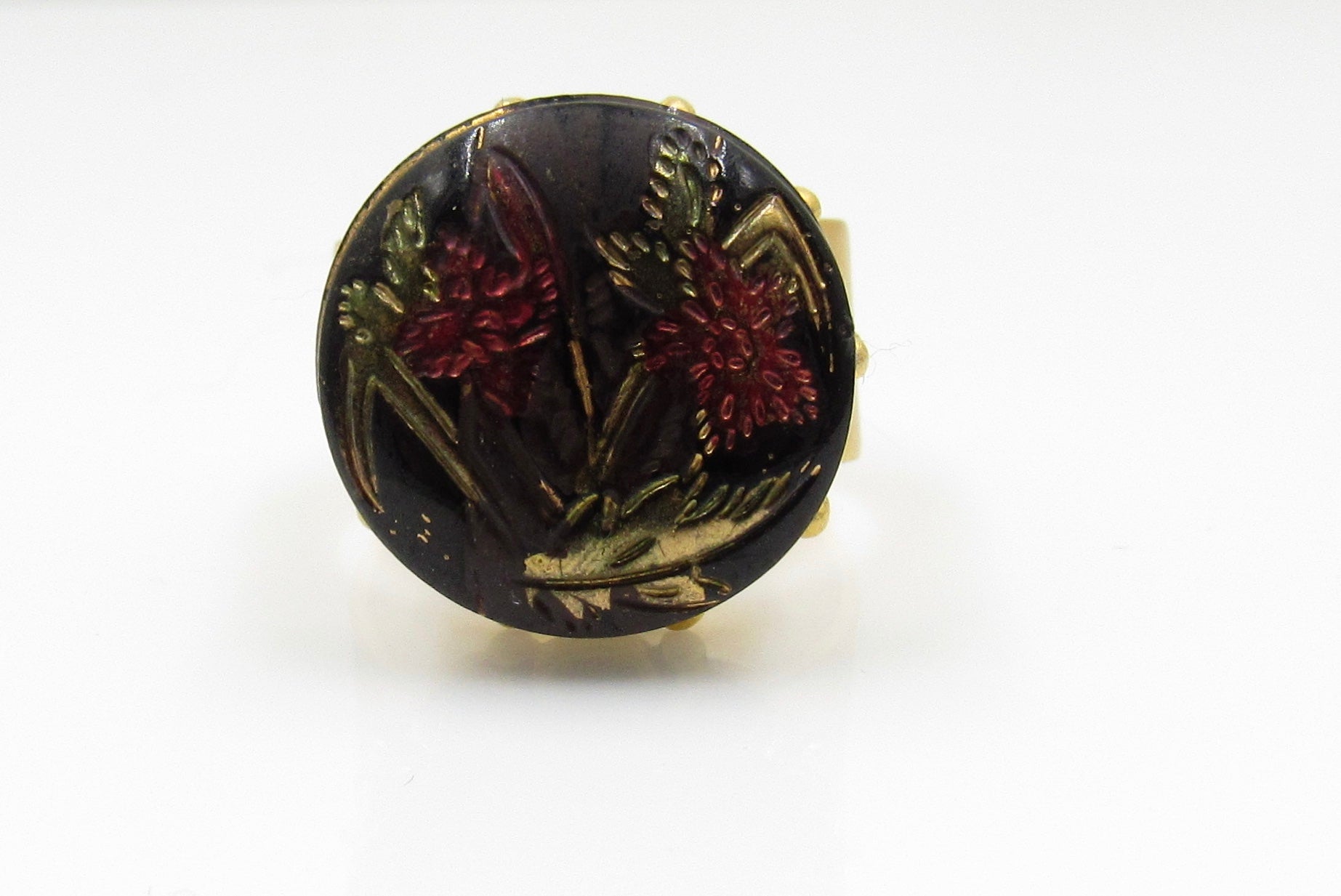 Vintage Red Flower Button Ring