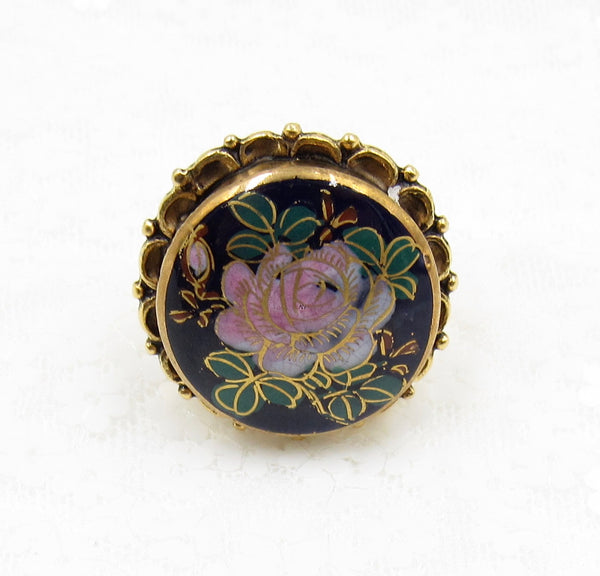 Vintage Navy and Pink Flower Button Ring