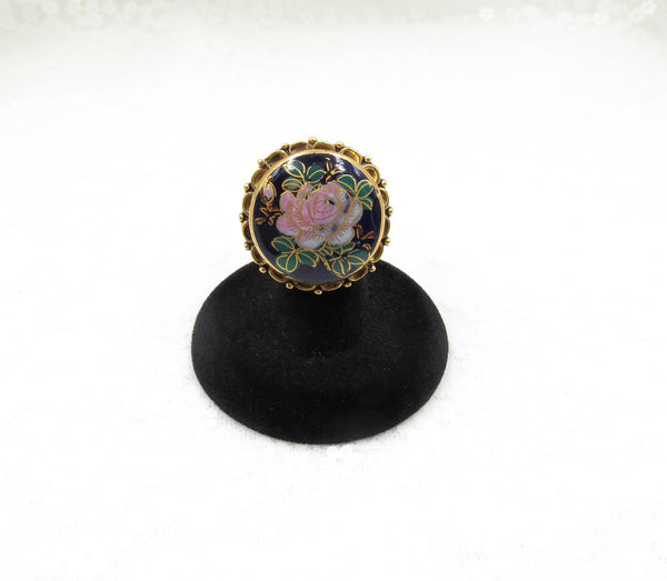 Vintage Navy and Pink Flower Button Ring