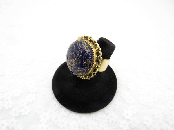 Vintage Navy and Gold Button Ring