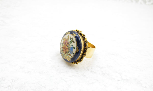 Vintage Navy Floral Button Ring