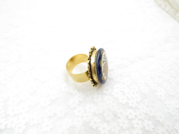 Vintage Navy Floral Button Ring