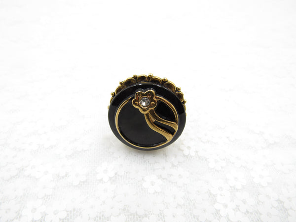 Vintage Black and Rhinestone Button Ring