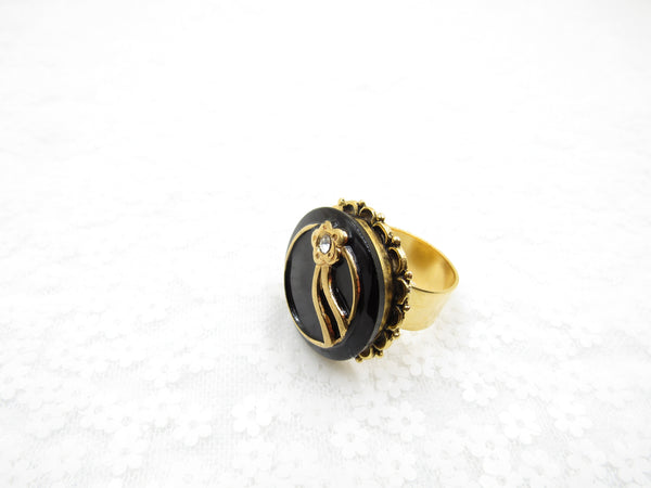 Vintage Black and Rhinestone Button Ring