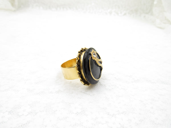 Vintage Black and Rhinestone Button Ring