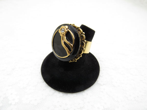 Vintage Black and Rhinestone Button Ring