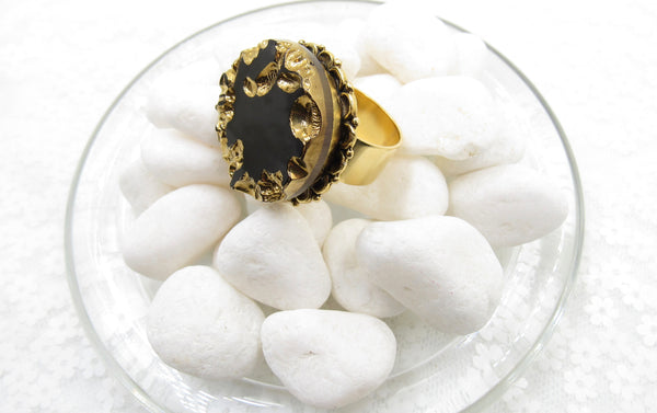 Black and Gold Nugget Button Ring