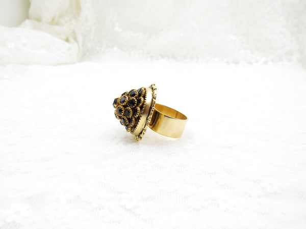 Black Cone Rhinestone Button Ring