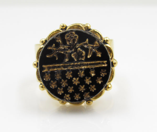 Vintage Jet Black Etcheted Button Ring