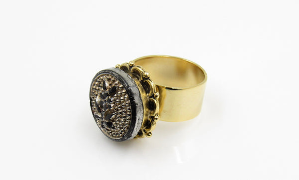 Vintage Black Flower Button Ring