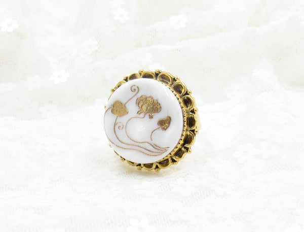 Vintage Victorian Lotus and Water Lilies Button Ring