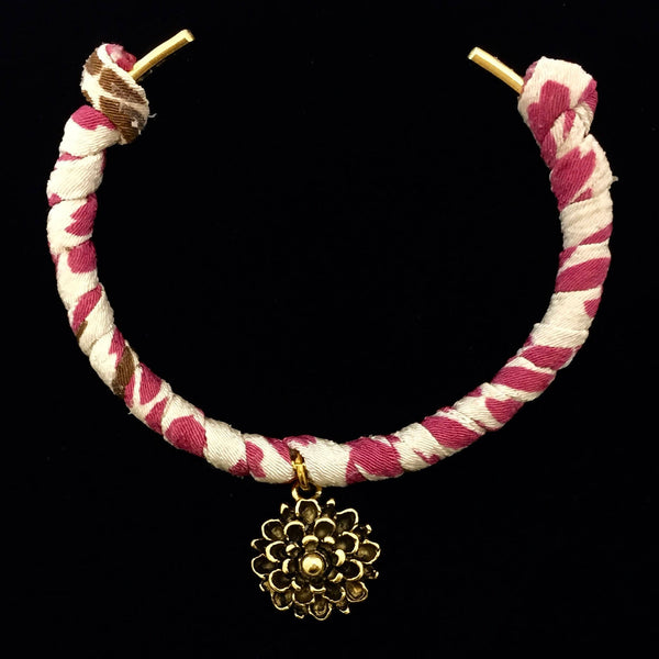 Japanese Kimono Cord Cuff Bracelet with Gold Flower Charm (Adjustable)