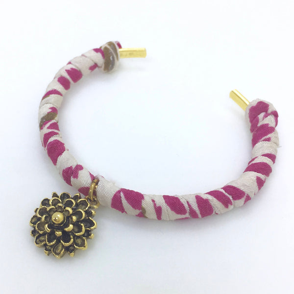 Japanese Kimono Cord Cuff Bracelet with Gold Flower Charm (Adjustable)