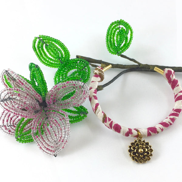 Japanese Kimono Cord Cuff Bracelet with Gold Flower Charm (Adjustable)