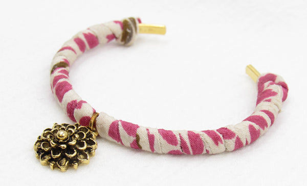 Japanese Kimono Cord Cuff Bracelet with Gold Flower Charm (Adjustable)