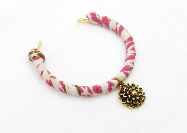 Japanese Kimono Cord Cuff Bracelet with Gold Flower Charm (Adjustable)