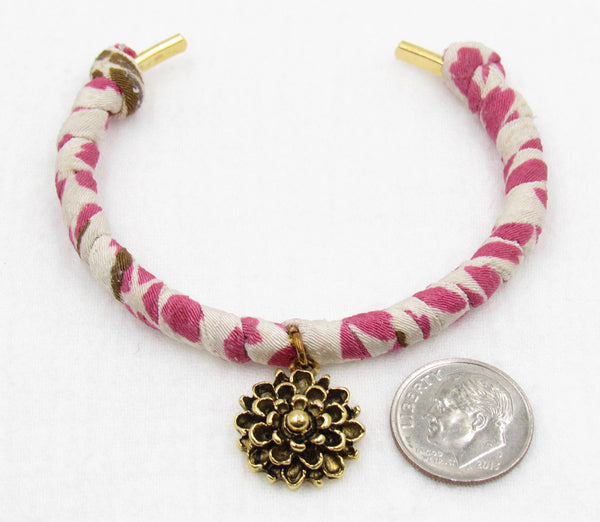 Japanese Kimono Cord Cuff Bracelet with Gold Flower Charm (Adjustable)